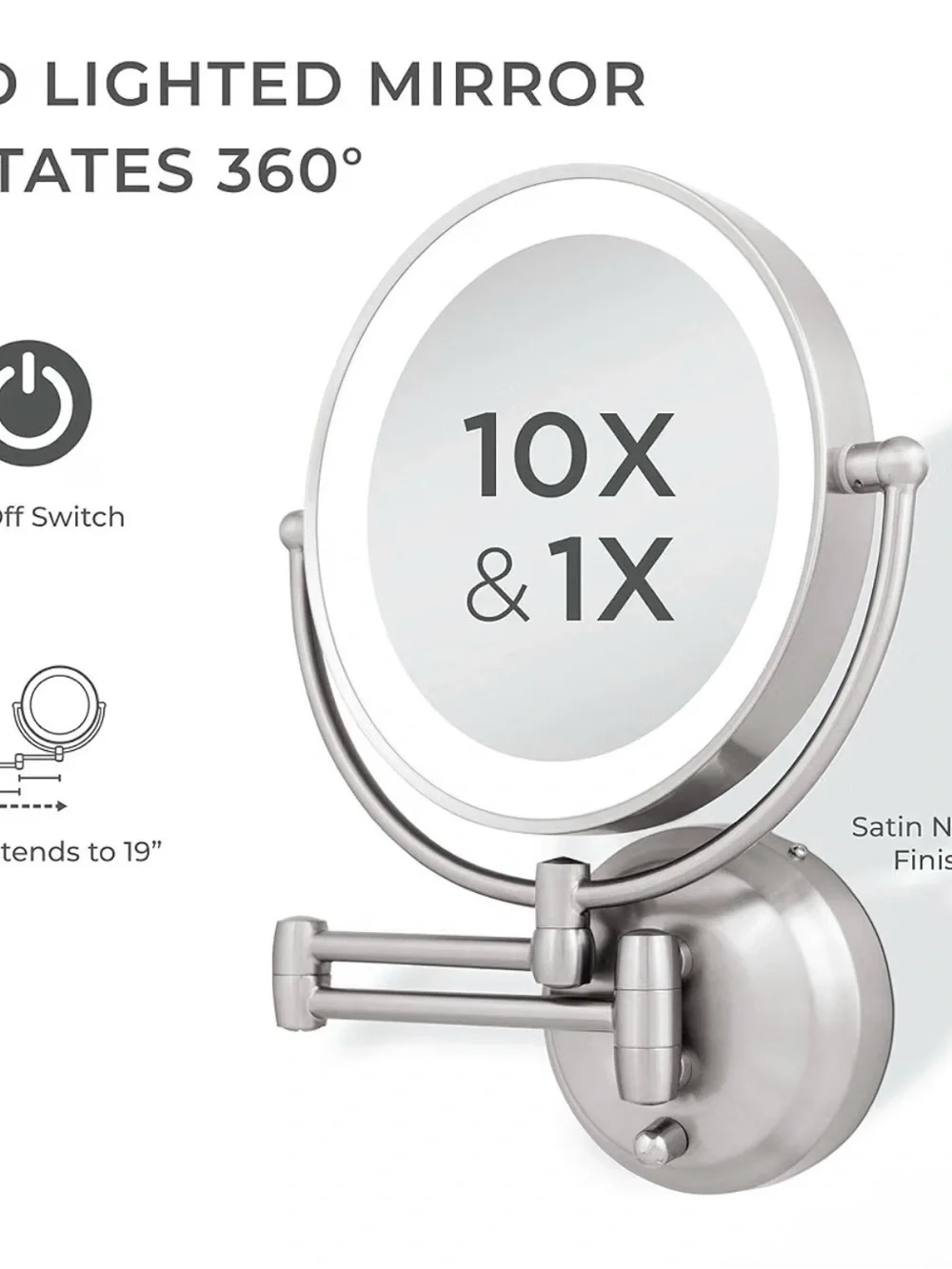 LED Lighted Wall Mirror in Silver — Extendable Swing-Arm Vanity Mirror